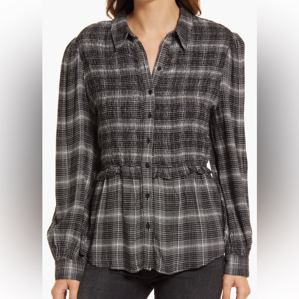 NWOT Treasure & Bond Smocked Textured Button Up Shirt Black Ivory Plaid Size XS
